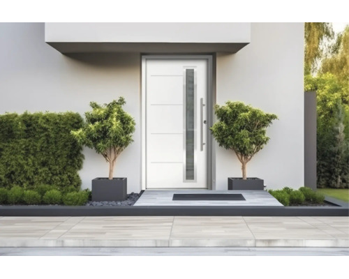 Porte d entrée blanche moderne avec insert vitré vertical et longue poignée en acier inoxydable dans une entrée lumineuse.