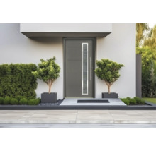 Porte d'entrée moderne en anthracite avec découpe vitrée verticale, poignée en acier inoxydable et rainures horizontales dans l'entrée d'une maison.