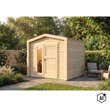 Un abri de jardin en bois avec toit à deux pans et une double porte avec élément en verre, situé sur une terrasse dans un jardin verdoyant. (Image AI modified or generated)