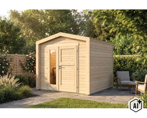 Un abri de jardin en bois avec toit à deux pans et une double porte avec élément en verre, situé sur une terrasse dans un jardin verdoyant. (Image AI modified or generated)