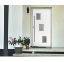 Porte d entrée blanche moderne avec trois ouvertures vitrées carrées et poignée en acier inoxydable dans une entrée lumineuse avec des plantes.