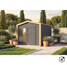 Abri de jardin moderne en bois avec toit en appentis, porte vitrée et espace salon sur une terrasse en pierre dans le jardin. (Image AI modified or generated)