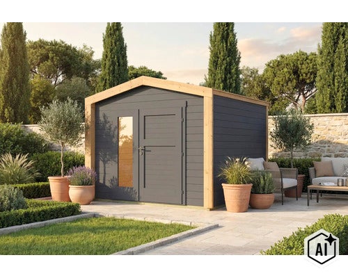 Abri de jardin moderne en bois avec toit en appentis, porte vitrée et espace salon sur une terrasse en pierre dans le jardin. (Image AI modified or generated)