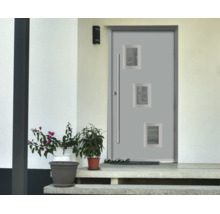 Moderne graue Eingangstür mit drei kleinen quadratischen Fenstern und langem Edelstahl-Stangengriff in einer hellen Fassade mit Topfpflanzen.