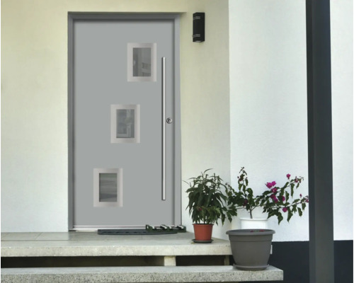 Moderne Haustür aus Aluminium mit drei Glaseinsätzen und langem Stoßgriff in hellem Eingangsbereich mit Pflanzen und Steintreppe.
