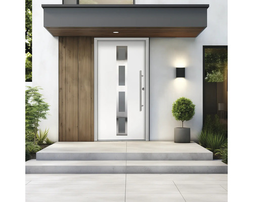 Entrée moderne avec porte d'entrée blanche, insert en verre, escalier en béton, revêtement en bois et éclairage extérieur.