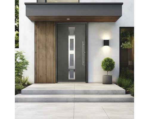 Porte d entrée moderne gris anthracite avec vitre, poignée en inox, façade en bois, éclairage extérieur et escalier en béton.