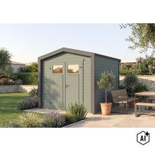Abri de jardin moderne en bois avec portes doubles et fenêtres dans un jardin avec terrasse et salon de jardin. (Image AI modified or generated)