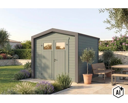 Abri de jardin moderne en bois avec portes doubles et fenêtres dans un jardin avec terrasse et salon de jardin. (Image AI modified or generated)