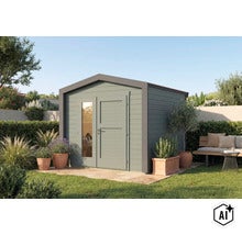 Abri de jardin moderne en bois avec porte double et élément en verre dans un jardin soigné avec coin salon et plantes (Image AI modified or generated)