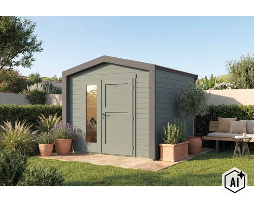 Abri de jardin moderne en bois avec porte double et élément en verre dans un jardin soigné avec coin salon et plantes (Image AI modified or generated)