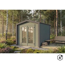 Abri de jardin moderne en bois avec portes doubles et grandes fenêtres vitrées dans un paysage forestier avec terrasse et coin salon. (Image AI modified or generated)