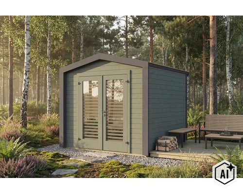 Abri de jardin moderne en bois avec portes doubles et grandes fenêtres vitrées dans un paysage forestier avec terrasse et coin salon. (Image AI modified or generated)
