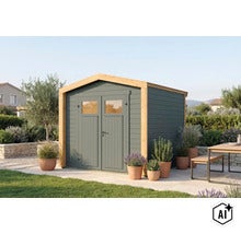 Abri de jardin moderne en bois avec double porte et fenêtres, situé dans un jardin bien entretenu avec plantes et mobilier d extérieur. (Image AI modified or generated)