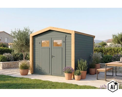 Abri de jardin moderne en bois avec double porte et fenêtres, situé dans un jardin bien entretenu avec plantes et mobilier d extérieur. (Image AI modified or generated)