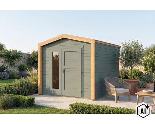 Abri de jardin moderne en bois avec toit à deux pans et double porte vitrée dans un jardin bien entretenu sur une terrasse. (Image AI modified or generated)