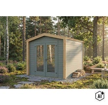 Abri de jardin moderne en bois avec double porte et fenêtres vitrées dans un paysage forestier. (Image AI modified or generated)