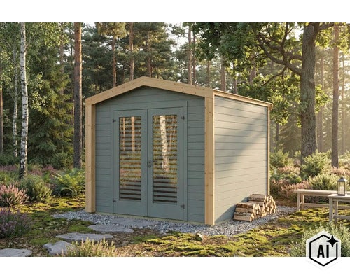 Abri de jardin moderne en bois avec double porte et fenêtres vitrées dans un paysage forestier. (Image AI modified or generated)