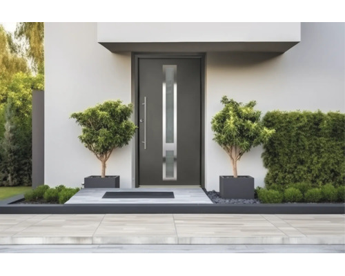 Porte d entrée moderne gris foncé avec découpe vitrée verticale et longue poignée barre dans une entrée lumineuse avec des plantes.