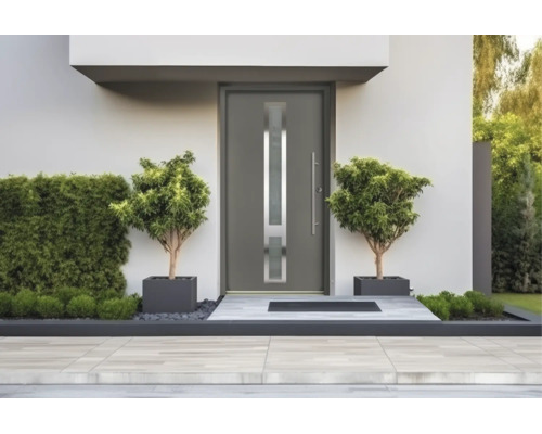 Porte d'entrée moderne anthracite avec vitrage vertical et longue poignée en acier inoxydable dans une entrée minimaliste avec deux plantes en pot.