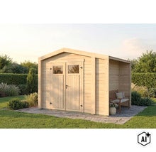 Abri de jardin en bois avec porte double et extension latérale placé sur une terrasse dans le jardin. (Image AI modified or generated)