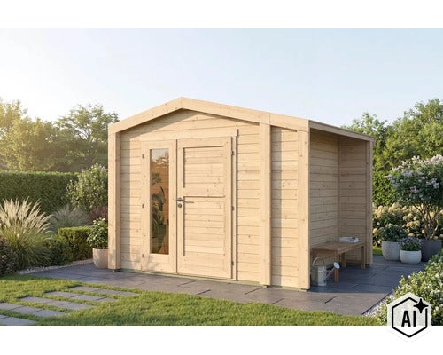Abri de jardin en bois avec toit en pente et annexe latérale sur une terrasse dans un jardin. (Image AI modified or generated)