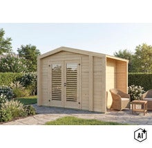 Abri de jardin en bois avec porte double et appentis latéral dans un jardin avec terrasse et mobilier de jardin. (Image AI modified or generated)