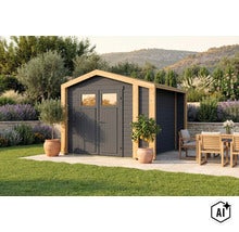 Abri de jardin moderne en bois avec toit à deux pans et porte double sur une terrasse dans un jardin bien entretenu avec coin salon. (Image AI modified or generated)