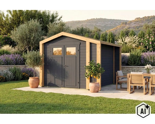 Abri de jardin moderne en bois avec toit à deux pans et porte double sur une terrasse dans un jardin bien entretenu avec coin salon. (Image AI modified or generated)