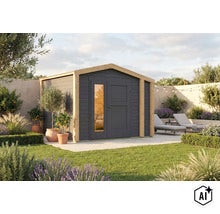 Abri de jardin moderne en bois avec double porte et panneau vitré, installé dans un jardin soigné avec terrasse et chaises longues. (Image AI modified or generated)