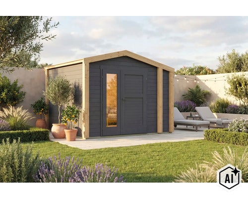 Abri de jardin moderne en bois avec double porte et panneau vitré, installé dans un jardin soigné avec terrasse et chaises longues. (Image AI modified or generated)