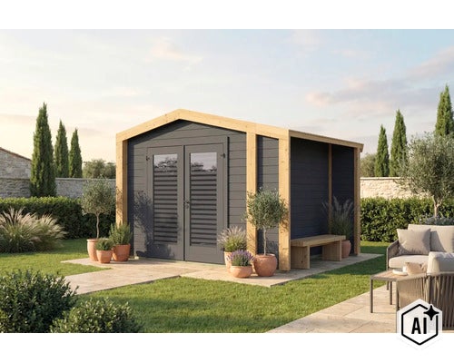 Abri de jardin moderne en bois avec double porte et annexe latérale comprenant un banc dans un jardin bien entretenu. (Image AI modified or generated)