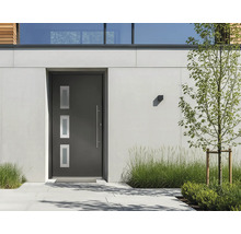 Porte d'entrée moderne anthracite avec trois vitrages rectangulaires et une longue poignée en acier inoxydable.