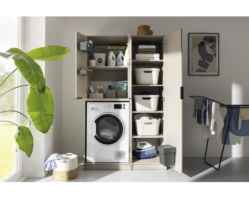 Armoire moderne pour lave-linge et armoire d appoint en ensemble pour buanderie avec beaucoup de rangement.