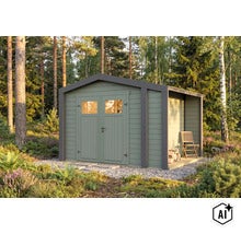 Abri de jardin moderne en bois avec double porte, fenêtres vitrées et appentis latéral intégré dans un environnement boisé. (Image AI modified or generated)