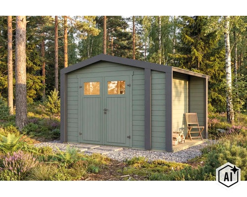 Abri de jardin moderne en bois avec double porte, fenêtres vitrées et appentis latéral intégré dans un environnement boisé. (Image AI modified or generated)