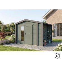 Abri de jardin moderne en bois avec auvent intégré sur une terrasse dans un jardin soigné avec pelouse et massifs de fleurs. (Image AI modified or generated)