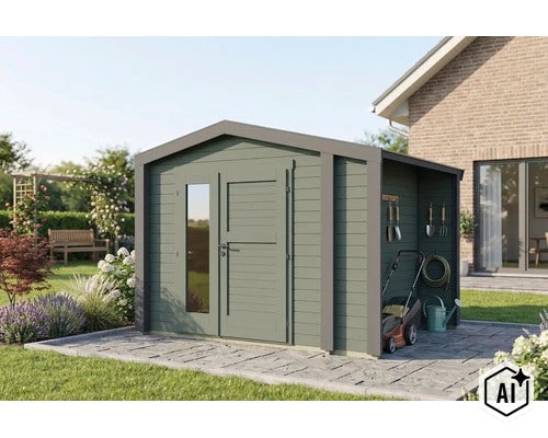 Abri de jardin moderne en bois avec auvent intégré sur une terrasse dans un jardin soigné avec pelouse et massifs de fleurs. (Image AI modified or generated)