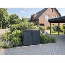 Cache-poubelle en métal gris foncé pour deux poubelles dans un jardin fleuri à côté d'une allée pavée.