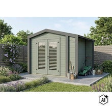Abri de jardin moderne en bois avec portes doubles et appentis latéral sur une terrasse dans un jardin. (Image AI modified or generated)