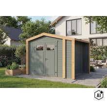 Abri de jardin moderne en bois avec double porte et extension latérale (Image AI modified or generated)