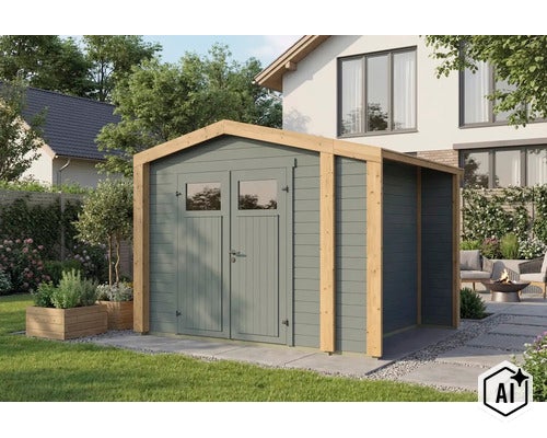 Abri de jardin moderne en bois avec double porte et extension latérale (Image AI modified or generated)