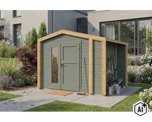 Abri de jardin en bois avec toit en pente et appentis, comprenant des outils de jardin, devant une maison moderne. (Image AI modified or generated)