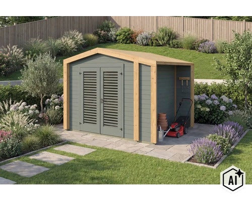 Abri de jardin en bois avec doubles portes et appentis intégré sur une terrasse en pierre dans le jardin. (Image AI modified or generated)