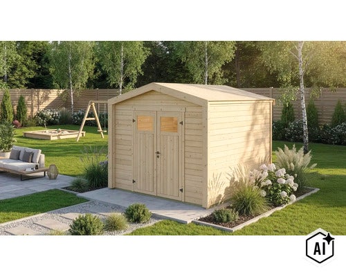 Abri de jardin en bois avec toit à deux pans et double porte avec fenêtres, installé dans un jardin entretenu avec salon et bac à sable. (Image AI modified or generated)