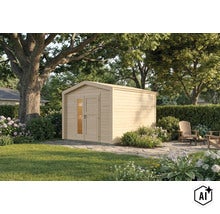 Abri de jardin en bois avec toit en pente et porte vitrée, situé dans un jardin verdoyant sur une terrasse en pierre. (Image AI modified or generated)