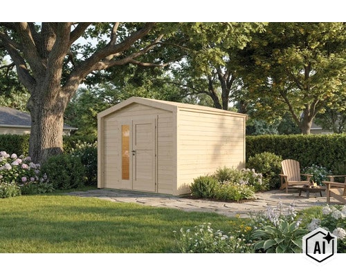 Abri de jardin en bois avec toit en pente et porte vitrée, situé dans un jardin verdoyant sur une terrasse en pierre. (Image AI modified or generated)