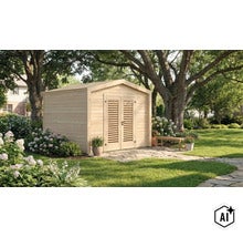 Abri de jardin en bois avec double porte et design à lamelles, situé dans un jardin soigné sur une dalle en pierre. (Image AI modified or generated)