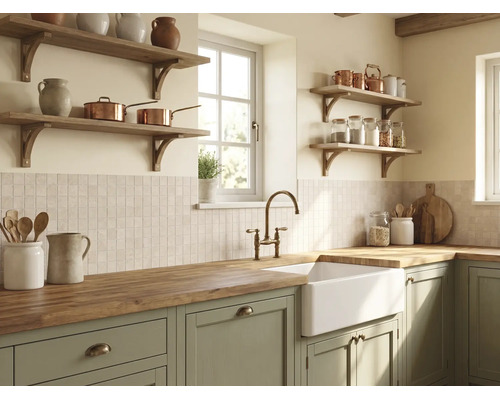 Cuisine rustique lumineuse avec meubles vert sauge, plan de travail en bois massif, évier timbre d'office blanc, robinet en laiton et étagères.