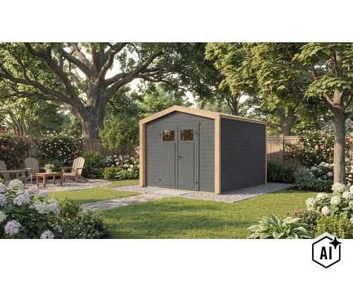 Abri de jardin en bois avec double porte et fenêtres dans un jardin soigné avec coin salon et arbres. (Image AI modified or generated)
